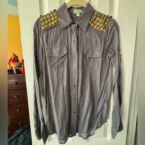 Modcloth Western Button-Down Gray Shirt with Gold Metal Detail